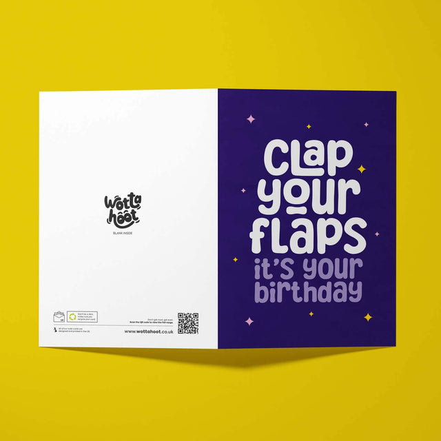 Greeting card with 'Clap your flaps, it's your birthday' text on a purple background, featuring the Wottahoot brand.