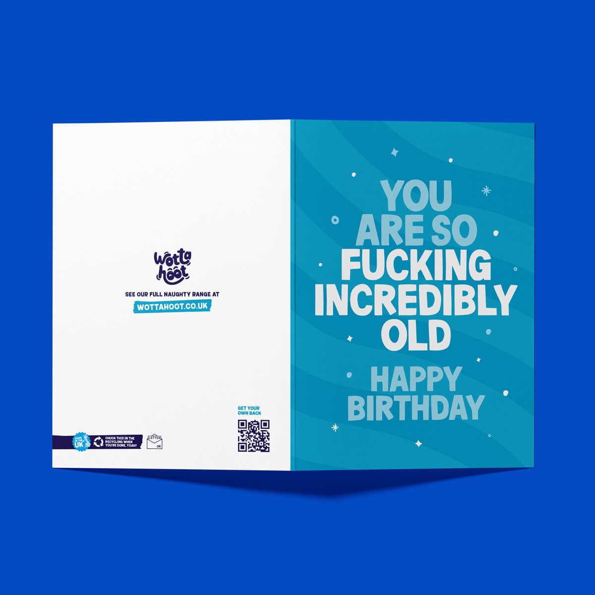 Blue birthday card with humorous text on a blue background