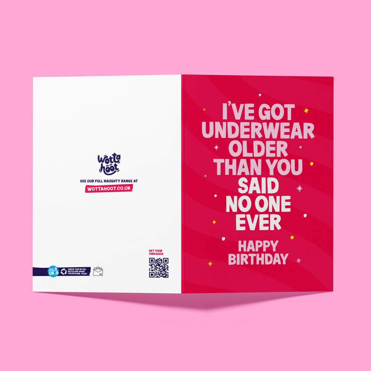 Birthday card with humorous text on a pink background