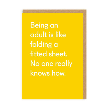 Birthday Card text reads "Being an adult is like folding a fitted sheet. No one really knows how"