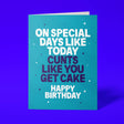 Rude birthday card reading 'On Special Days Like Today Cunts Like You Get Cake Happy Birthday' — teal background, bold white and navy block text — Wottahoot