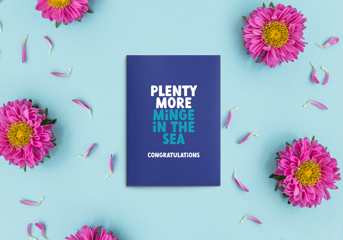 Rude Celebration Cards. Image shows a Rude Divorce Card, text reads "Plenty more minge in the sea. Congratulations"