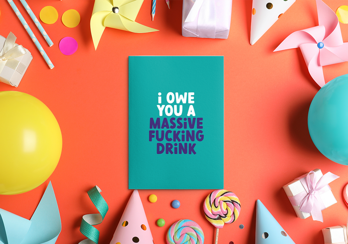 Rude Cards. Image shows a Rude Thank You card, text reads "I owe you a massive fucking drink"