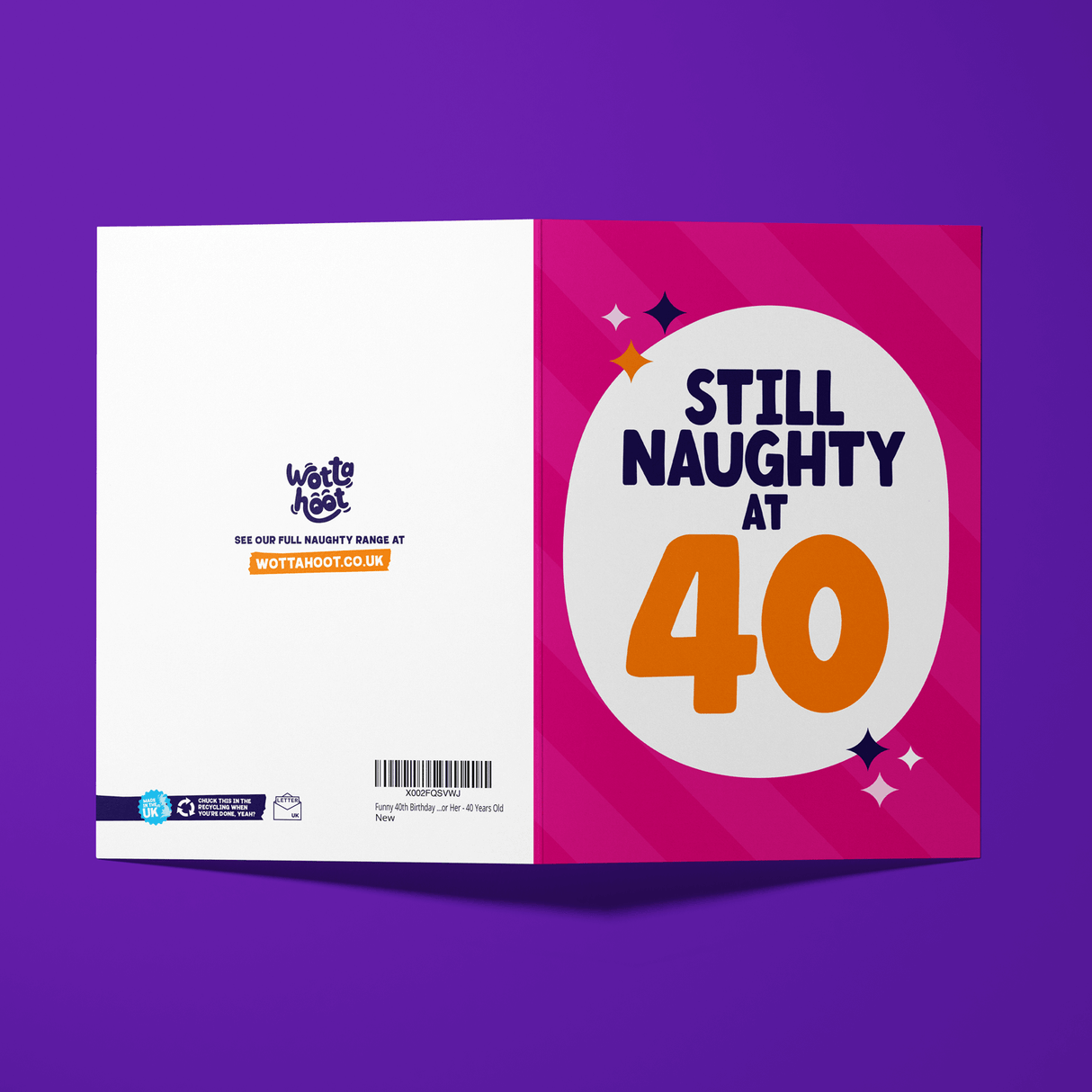 Greeting card with 'Still Naughty at 40' text on a purple background