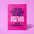 Blush pink anniversary card with navy and white block-capital text reading "I'M SURPRISED YOU TWO HAVE LASTED SO FUCKING LONG, HAPPY ANNIVERSARY," decorated with hand-drawn stars, dots and sparkle icons.