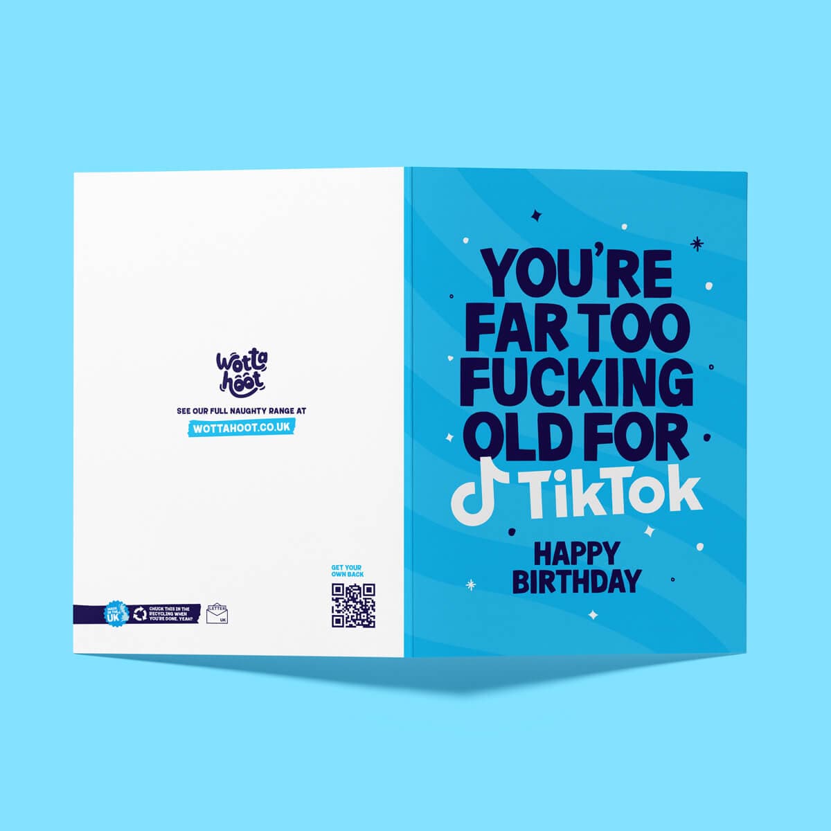 Funny birthday card for older people with white envelope, ready to send