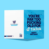 Funny birthday card for older people with white envelope, ready to send