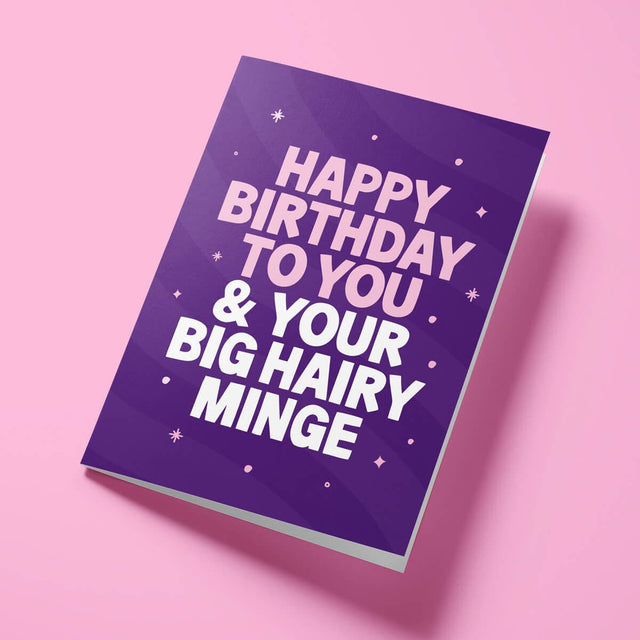 Close-up of the body-positive humour text on premium gloss card with purple design