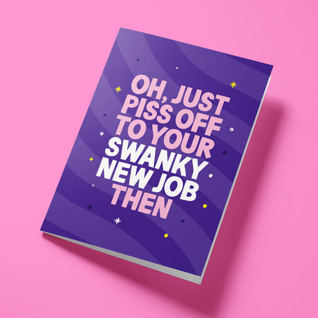 Close-up of the workplace humour text on premium gloss card with vibrant purple and pink design