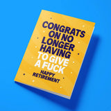 Close-up of the retirement humour text on premium gloss card with bright yellow design