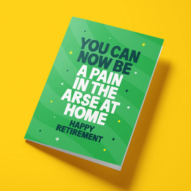 Close-up of the retirement humour text on premium gloss card with vibrant green design