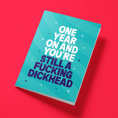 Close-up of the friendship humour text on premium gloss card with teal design