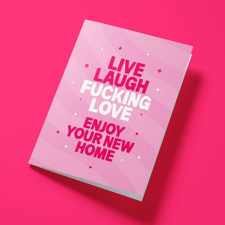 Close-up of the home décor humour text on premium gloss card with vibrant pink design